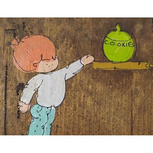 Vtg Wooden Canvas Hand Carved Child & Green Cookie Jar Paint Touch Of Happiness - Picture 7 of 11